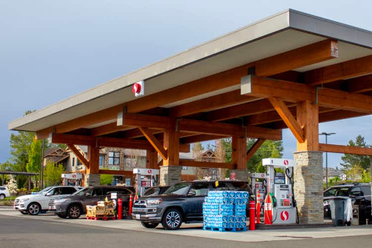 Safeway gas station with vehicles parked for fueling