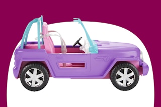 purple, blue, and pink Barbie car