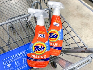 two bottles of Tide Rescue Stain Remover in a Walmart cart