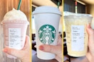 three images of three starbucks secret menu drinks being held up