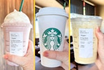 three images of three starbucks secret menu drinks being held up