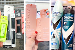 collage image of elf makeup, monday shampoo, and degree deodorant