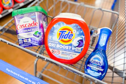 shopping cart with Tide, Cascade, and Dawn
