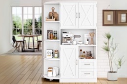 Lifestyle image of the Homfa large kitchen pantry (white farmhouse)