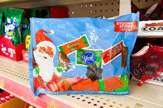 hershey's christmas candy on a shelf