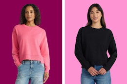 2 models wearing a Time and Tru Sweater in the colors pink and black