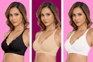 Woman model wearing a jelly bra in three different colors