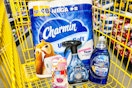 charmin, febreze, and dawn products in a dollar general shopping cart