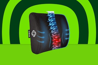 A black lumbar support pillow has a red and blue representation of the spine it's supporting.