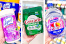 collage image of lysol wipes, cascade dishwasher pods, and softsoap hand soap