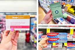 collage image of raw sugar bar soap, colgate toothpaste, and rael beauty patches