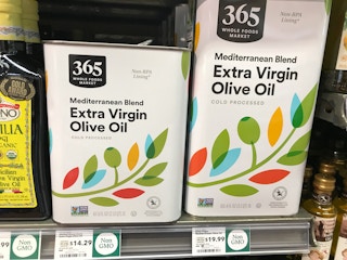 Mediterranean Blend olive oil on a Whole Foods shelf.