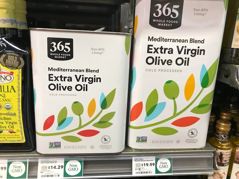 Mediterranean Blend olive oil on a Whole Foods shelf.