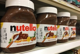 a row of Nutella jars on a shelf