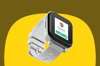 a gabb 3e smart watch on a yellow header
