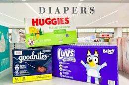 huggies, goodnites, and luvs on a meijer shelf