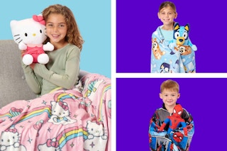 Three Kids' sets of Plush Toys with Throw Blankets: Hello Kitty, Bluey & Spider-Man