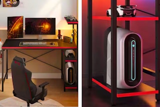 2 lifestyle images of the Bestier Gaming Desk with red light strips