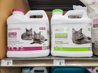 jugs of cat litter on a shelf