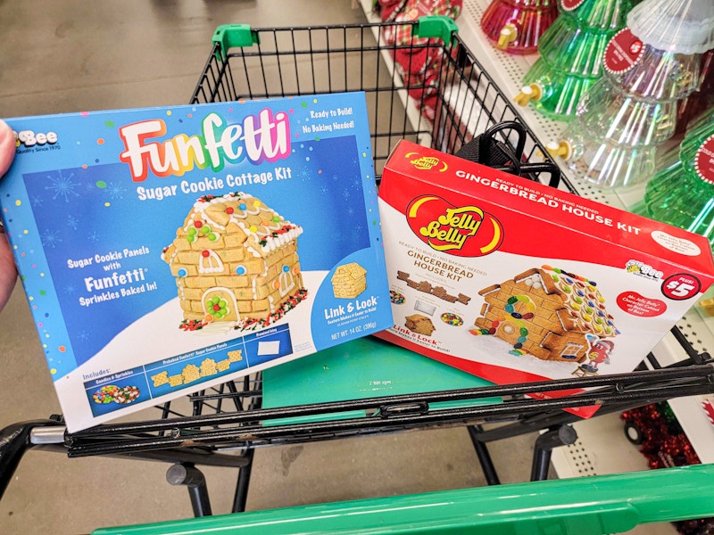 funfetti and jelly belly gingerbread house kits in a cart