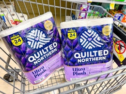 Two packs of Quilted Northern toilet paper in a shopping cart