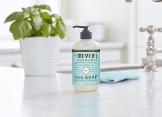 a bottle of hand soap on a sink counter with a plant