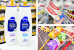 collage image of nivea body wash, colgate toothpaste, and swiffer products