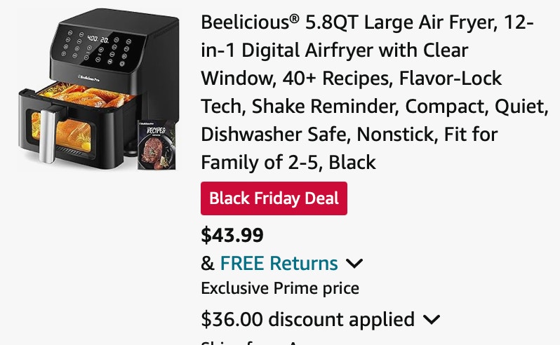 Beelicious 5.8QT Large Air Fryer, 12-in-1 Digital Airfryer with Clear Window