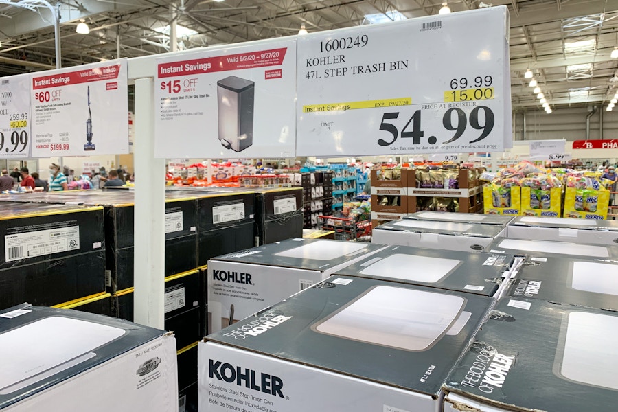 Kohler trash bin sales sign at Costco