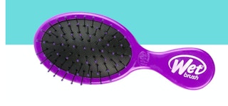 Purple and black brush on a white and teal background