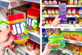 dollar general jif peanut butter, smucker's jelly, nature valley bars 3-photo collage