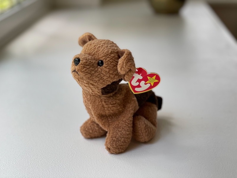 A Tuffy the Terrier beanie baby sitting on a white table.