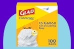 CloroxPro Glad ForceFlex 13 Gallon Tall Kitchen Drawstring Trash Bags on a blue background.