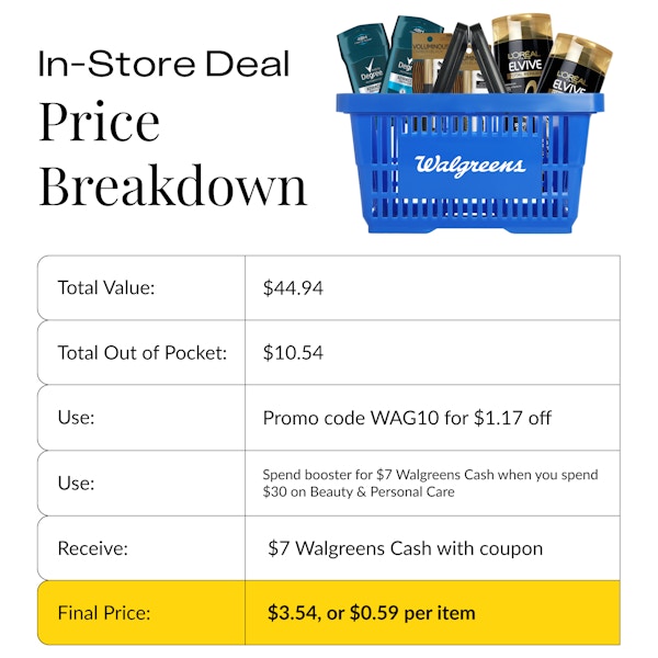 walgreens basket with shampoo, mascara, and deodorant