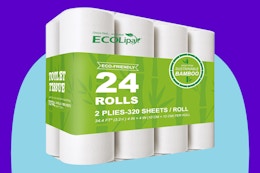 Bamboo 24-Roll Toilet Paper on a blue background.