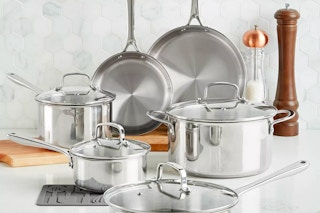 The Cellar Stainless Steel Cookware Set on a kitchen counter