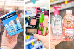 collage image of neutrogena moisturizer, maybelline makeup, and garnier micellar water