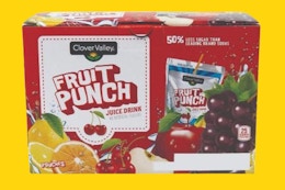 dollar general clover valley fruit punch juice boxes on yellow background