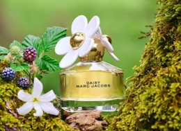 a bottle of perfume on a mossy rock with flowers