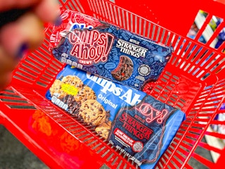 chips ahoy in a red shopping basket