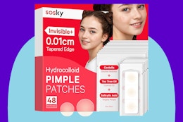 Sosky Pimple Patches for Face, Invisible Hydrocolloid Acne Patches on a blue background.