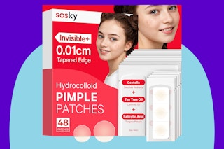 Sosky Pimple Patches for Face, Invisible Hydrocolloid Acne Patches on a blue background.