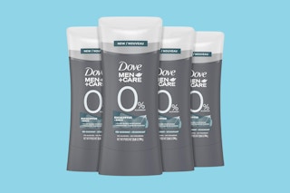 A close up of a 4-count of Dove Men + Care Deodorant