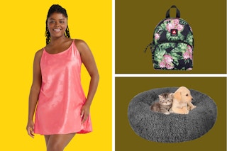 coral pajama nightie, floral backpack, and donut calming pet bed
