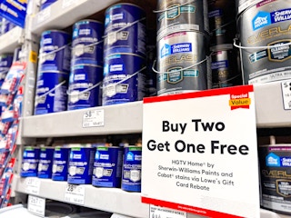 an area shot of the paint with a buy two get one free sign