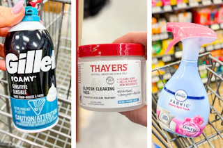 collage image of gillette foamy, thayers blemish pads, and febreze fabric refresher spray