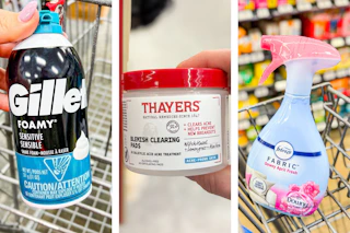 collage image of gillette foamy, thayers blemish pads, and febreze fabric refresher spray
