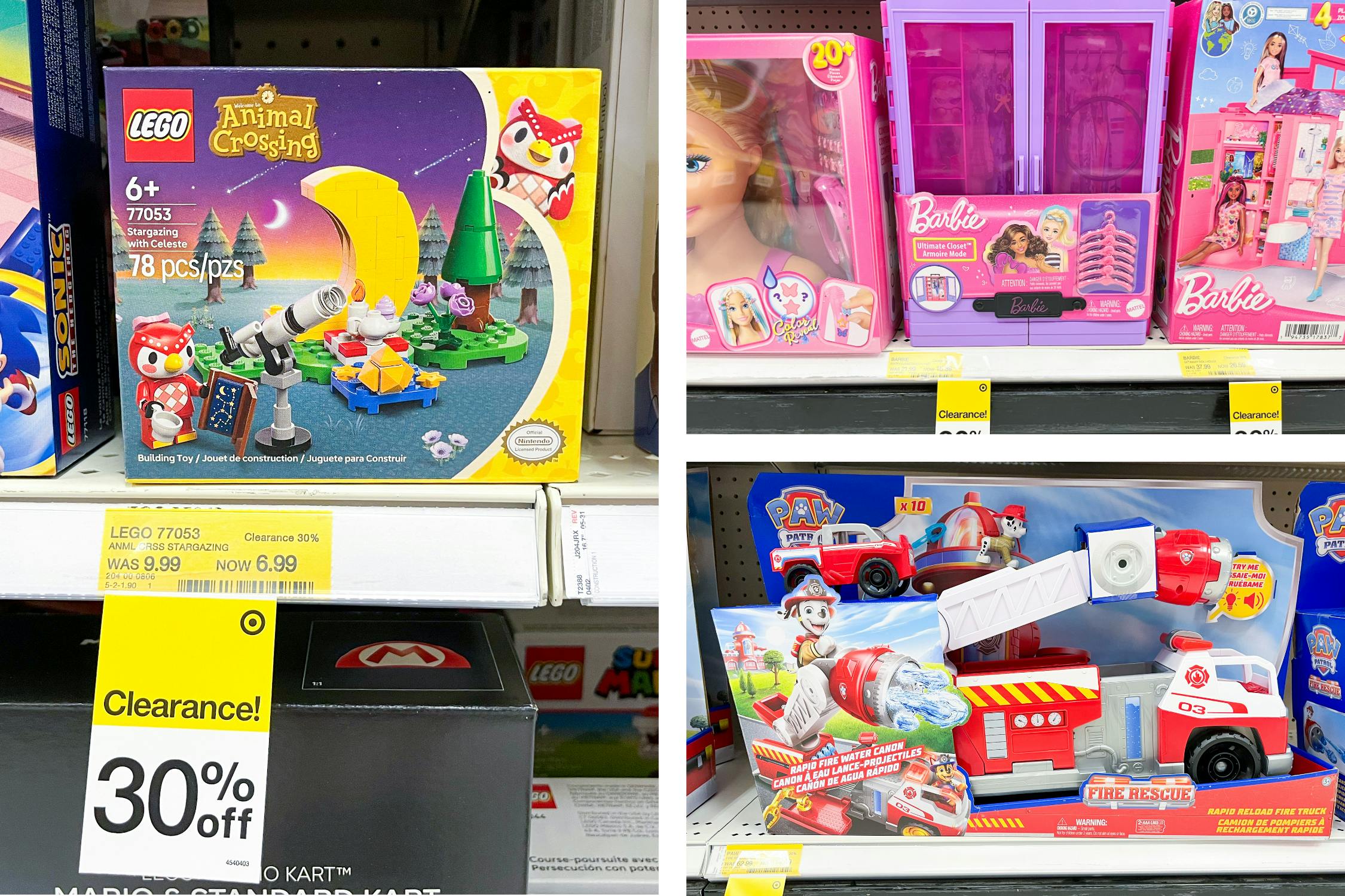 lego, barbie, and paw patrol toys clearance side by side