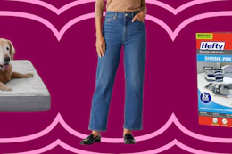 large dog bed, women's jeans, and Hefty shrink vacuum bags