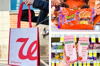 collage with a walgreens reusable bag, nature's bounty, and reese's pumpkins